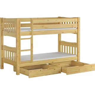 Etagenbett Kiefer Massivholzbett 90x200 Stockbett Hochbett Zubehör wählbar V-60.15-09Ni70 Rollrost. Matratzen und Doppelbettkasten inkl. - Naturbelassen