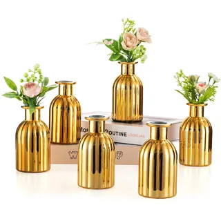 NUPTIO Glas Kleine Vasen für Tischdeko: 6 Stück Glasvase für Hochzeit Mittelstücke Gold Vintage Klein Blumenvasen Bulk für Weihnachten Tisch Schlafzimmer Ästhetische Geburtstag Party Dekoration
