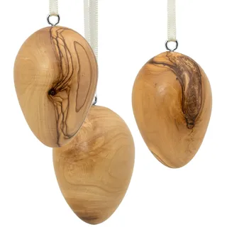 SIKORA OD19 3er Set große Ostereier aus Olivenholz zum Aufhängen | Natürliche Maserung & 100% Handarbeit | Hochwertiger Deko Baumschmuck & Osterstrauch Anhänger | Höhe ca. 5,6 cm