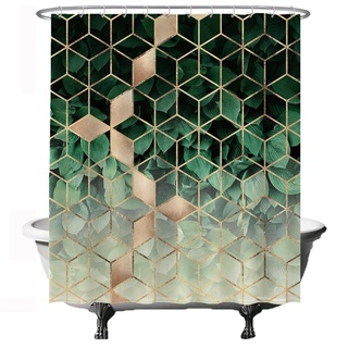 Ulticool Duschvorhang -Geometrisches Grün Natur Gold Luxus - 180 x 200 cm – Anti Schimmel - Waschbar – Wasserdicht - mit 12 Ringe