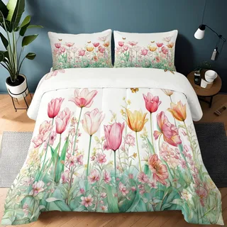 Weiß Warme Bettdecke ohne Bezug 135 x 200 cm, Englisch Garten Pflanzen Blumen Steppdecke aus Gewaschene Baumwolle - Weiche Ganzjahresdecke Waschbar für Jungen Mädchen Teenager Erwachsene
