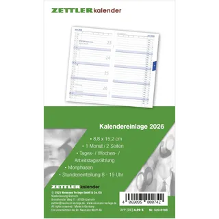 Zettler Kalenderersatzeinlage 2026 für Taschenplaner 1 Monat/2 Seiten,