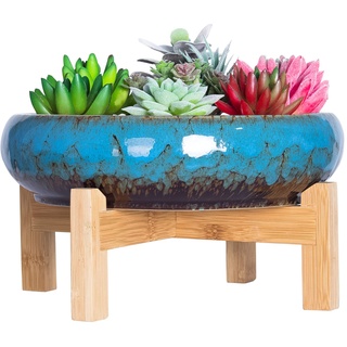 ARTKETTY Große runde saftige Pflanzgefäß mit Ständer, Vintage Keramik glasierte Bonsai Topf mit Mess Drainage Bildschirm, dekorative Garten Moderne Kaktusblume Pflanzgefäß Behälter Schüssel (Blue)