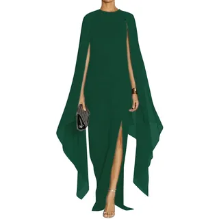 MAYFASEY Damen Elegant High Split Flare Sleeve Formal Evening Gowns Maxi Dress with Cape, dunkelgrün, X-Large