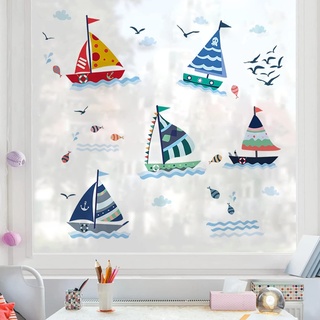 WandSticker4U®- Fliesenaufkleber SEGELBOOT Kinder I Wandbilder: 175x70 cm I Wandsticker Wandtattoo Junge Segelschiff Ozean Meer Maritim Fische I Wand Deko für Kinderzimmer Badezimmer Bad