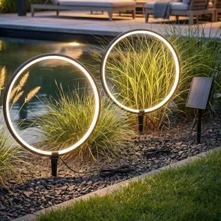 Arnusa Solar Gartenleuchten LED Solar Gartenstecker modern, Solarleuchte Garten Leuchtringe Design warmweiß, Aluminium (2)