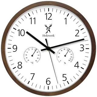 Holzwerk WEGBERG Wanduhr mit Temperaturanzeige und Hygrometer Feuchtigkeitsmesser Holz-Uhr lautloses Uhrwerk ohne Tickgeräusche Braun Buche Weiß lautlos Massivholz Natur Holz 30 cm (.HW.Braun.)