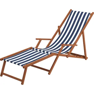 Gartenliege blau-weiß Fußteil Tisch Kissen Deckchair Holz Liegestuhl Sonnenliege 10-317 F T KH - Blau
