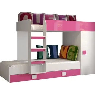 Etagenbett für Kinder Toledo 2 Stockbett mit Treppe und Bettkasten (Weiß + Rosa Glanz) - Rosa, Weiß