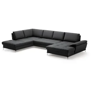 Cavadore Wohnlandschaft Castiel mit Federkern / Sofalandschaft mit großem Longchair, Sitztiefenverstellung und satinierten Metallfüßen / 363 x 89 x 223 / Echtleder, Schwarz