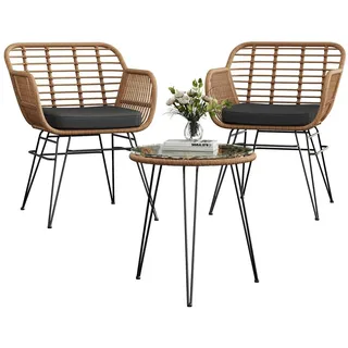 Garten Rattan Bistro Set - 3-teiliges Balkonmöbel Set für 2 Personen - PE-Rattan mit Metallrahmen - 2 Stühle & Glastisch - Wetterfest - Braun