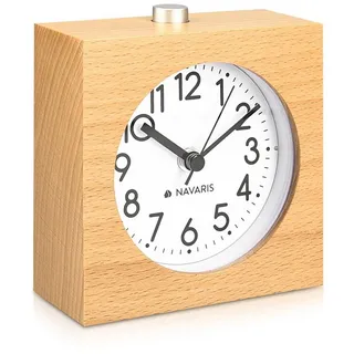 Navaris Analog Holz Wecker mit Snooze - Retro Uhr im Viereck Design mit Ziffernblatt Alarm - Leise Tischuhr ohne Ticken - Naturholz in Hellbraun