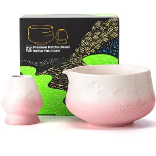 TEANAGOO Matcha Schale mit Ausgießer,2-Pcs Fuji Design Keramik Schale und Schneebesen Halter(chawan),18.9oz/560ml Rosa Matcha Schale mit Ständer, Geschenk-Set für Freund/Familie