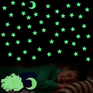 VIDSTW 200 Stück Leuchtsterne Kinderzimmer Leuchtsterne Selbstklebend | Inklusive 1 Mondaufkleber 9CM Leuchtende Sterne für Kinderzimmer Sterne Leuchtend Selbstklebend für Halloween Weihnachten