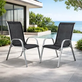 2xOutdoorstuhl Gartenstuhl Stapelstuhl Metall Silber Textilen Schwarz - Silber, Schwarz