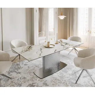 DELIFE Esstisch Edge 180-220x100 Keramik Calacatta Luxe Weiß-Gold-Grau Wave Edelstahl ausziehbar - Weiß