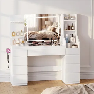 JUMMICO Schminktisch mit LED-Spiegel und Beleuchtung, 135 cm großer Frisiertisch mit Steckdose & USB, Schubladen und Glasplatte – Cremeweißer Vanity Tisch, Dressing Table für Schlafzimmer