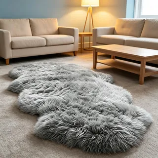 Meyecon Kunstfell Teppich Lammfell Schaffell 60 x 160 cm Grau Bettvorleger Fell Lammfellimitat Wollteppich Fellteppich Faux Fell Teppich Sofa Matte Fellimitate