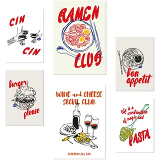 Nacnic-Set mit 6 Postern Illustrationen von Lebensmitteln und Pop-Art-Stil Ramen und Pasta Designillustrationen zur Dekoration der Wände Ihres Zuhauses. Räume A3 & A4 Rahmenlos