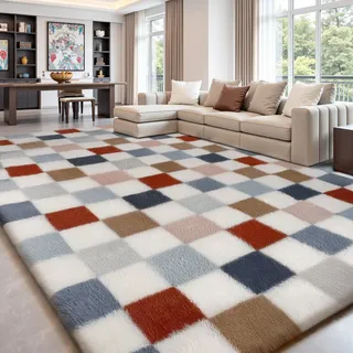 Sour Lemon Hochflor Teppich Wohnzimmer 160x230cm, Großer Flauschiger Carpet | Kinderzimmer Teppiche Gegend, Waschbarer Teppich Schlafzimmer Antirutsch, Weich Bunt Kariert, Mehrfarbig Schachbrettmuster
