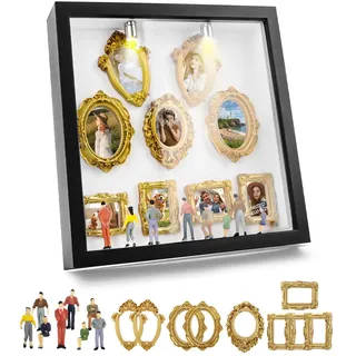 DIY Mini-Museum-Silhouette-Box,8 Zoll Mini Museum Silhouette Box DIY Set, 8 Mini Goldene Rahmen & 8 Zufällige Figuren Set, Kreativer Bilderrahmen mit LED Licht, Idee für Jahrestag Geschenke Freunde