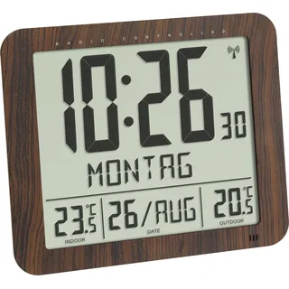 TFA Funkuhr Digital in Holzoptik mit Temperaturalarm - Braun