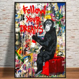 HNKDKJ Banksy Art Decor Wandkunst „Follow Your Dreams“, Affen-Poster, Graffiti-Straßenwand, Leinwandgemälde, Drucke, Tierbilder, 40 x 50 cm/16 x 20 Zoll, mit schwarzem Rahmen