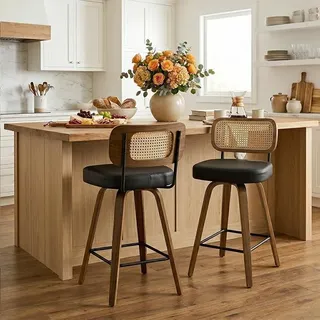Barhocker 2er Set mit Lehne, 65 cm Sitzhöhe, 360° drehbar, Barhocker Rattan Holz mit Extra Dickem Sitz 7cm, Stabile 4 Beine, Barstuhl für Kücheninsel & Essbereich Schwarz - Schwarz