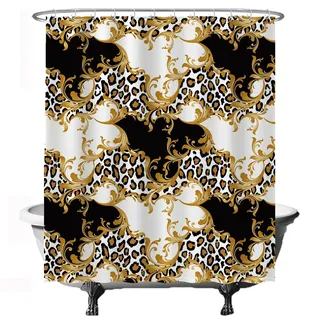 Ulticool Duschvorhang – Panther Leopard Schick - 180 x 200 cm - Waschbar - Anti Schimmel - mit 12 Ringen - Gold Schwarz Weiß