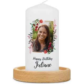 GRAVURZEILE Bedruckte Kerze - Happy Birthday Foto - Rosa - 120/57 | Geburtstagskerze - Personalisiert mit Namen & Foto - Hochwertige Stumpenkerze