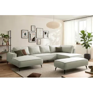 Wohnlandschaft HOME AFFAIRE "mit Hocker, TVINNU, moderne U-Form in Cord oder Leinenoptik", hellgrün, B:354cm H:83cm T:193cm, Sofas, Wohnlandschaft, Recamiere rechts/links, stellbar zum Schlafsofa (Krokodilverbinder)