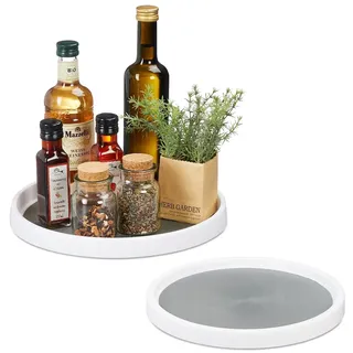 Relaxdays Drehteller, 2er Set, Ø 25 & 30 cm, drehbarer Kühlschrank Organizer, Badorganizer, Gewürzregal, weiß/grau