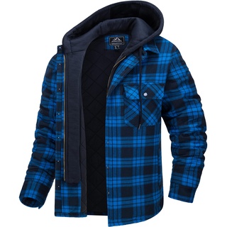 MAGCOMSEN Herren Kariert Winterjacke Outdoor Flanellhemd Plaid Kapuzenhemd Baumwolle Lässige Karohemd Männer Langarm Arbeit Hemd Hoodie Winter Frühling Gesteppt Jacke mit Multi Taschen Blau XXL