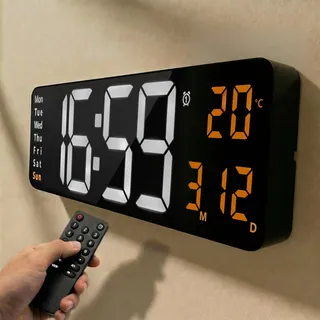 Opis Technology Clock 1 XXL - Digitale Wanduhr - Retro LED Wand Uhr mit Fernbedienung, Timer & Wecker, Temperaturanzeige, dimmbares Display, Weiß/Orange