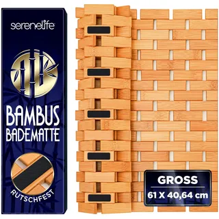 SereneLife Bambusmatte, 40x60cm Badematte Holz, Antirutschmatte Dusche- Schimmelresistent, Bambusteppich Rollbar, für Bad, Spa, Sauna, Küche & Terasse, Badvorleger Schnell trocknend