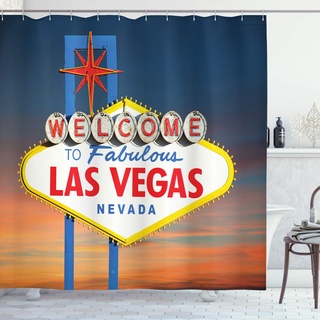 ABAKUHAUS Vereinigte Staaten von Amerika Duschvorhang, Fabulous Las Vegas Nevada, Stoffliches Gewebe Badezimmerdekorationsset mit Haken, 175 x 200 cm, Nachtblau Orange