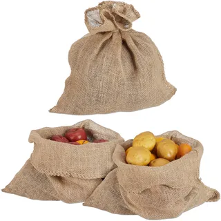 Relaxdays Jutesack, 3er Set, HxB: 55 x 50 cm, universaler Jutebeutel, natur | Kartoffeln, Nüsse, Pflanzenschutz Winter