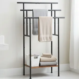 FurnitureR Handtuchhalter mit Ablage, freistehender Handtuchständer aus Metall mit Ablageboden in Holzoptik, Badetuchhalter 60×44×102 cm, Modernes Industrial Design für Bad und Schlafzimmer