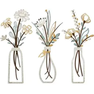 Unyqoos® Set 3 bunte Metall-Blumen-Wanddekorationen mit minimalistischer schwarzer Vase, je ca. 35 x 15 cm, rost- und wasserbeständig, für Innen & Außen - Bunt, Schwarz
