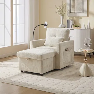 Abrihome Relaxsessel Schlafsessel mit Klappbarer Rückenlehne und Handyhalterung, Chenille Faulenzersofa mit Stauraum – Beige - Beige