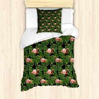 ABAKUHAUS Flamingo Bettbezug Set für Einzelbetten, Exotischer Vogel und Monstera, Milbensicher Allergiker geeignet mit Kissenbezug, 135 cm x 200 cm - 80 x 80 cm, Charcoal Grey Dark Salmon