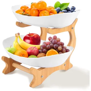 RETON Obstkorb Etagere 2 Stöckig, Weiße Obstschale Obstkorb Obstetagere, Plastik-Fruchtkorb-Gestell mit Bambusholz-Ständer für obst aufbewahrung, Salate, Snacks, und Desserts (2 Stöckig)