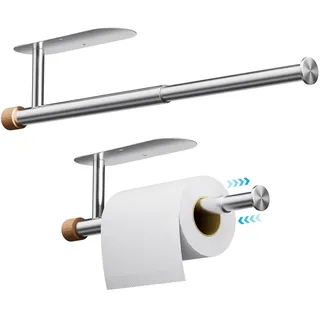 Zivacate Küchenrollenhalter ohne Bohren Ausziehbares, [Ästhetische Holzakzente] Badezimmer Papierrollenhalter küchentuchhalter, Selbstklebender Küchenpapierhalter (Silbermetallic)