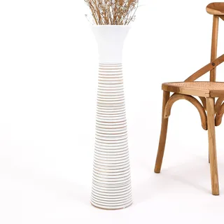 Leewadee Große Deko Bodenvase Für Dekozweige, Hohe Standvase Für Pampasgras, Design Holzvase, 65 cm, Weiß