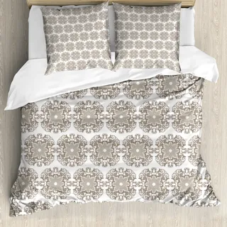 ABAKUHAUS Taupe Bettbezug, Weinlese-runde Barock, Milbensicher Allergiker geeignet mit Kissenbezügen, 200 cm x 200 cm - 80 x 80 cm, Taupe Weiß - Taupe