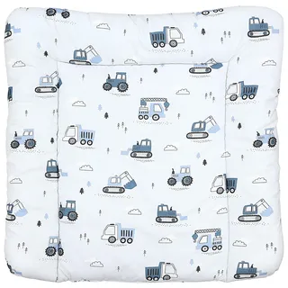 TupTam Baby Wickeltischauflage mit Baumwollbezug Gemustert, Farbe: Baufahrzeuge/Bagger/Blau/Hellgrau, Größe: 70 x 70 cm