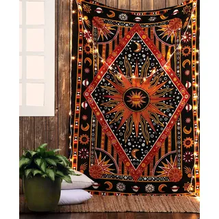 raajsee Sonne und Mond Wandteppich Mandala Golden, Boho Wand Deko Wandtuch, Aesthetic Room Décor Tapisserie,Wandbehang Tapestry 52x60 inch