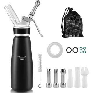 Nagoyuki Sahnespender 500ml,Sahnespender Geschenke, Schlagsahnebereiter mit Ersatzteile,Sahnesyphon Aluminium für Schlagsahne,Cremes,Desserts (Schwarz)