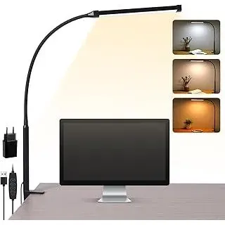 Schreibtischlampe LED Klemmbar, Dimmbare Schreibtischlampe mit 3 Farben und 10 Helligkeitsstufen, Tageslichtlampe Schreibtisch Lampe, Augenschonende Klemmleuchte, Schwarz - Schwarz