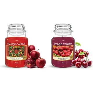Yankee Candle Duftkerze im Glas (groß) – Black Cherry – Kerze mit langer Brenndauer bis zu 150 Stunden & Duftkerze im großen Jar, Red Apple Wreath, Brenndauer bis zu 150 Stunden